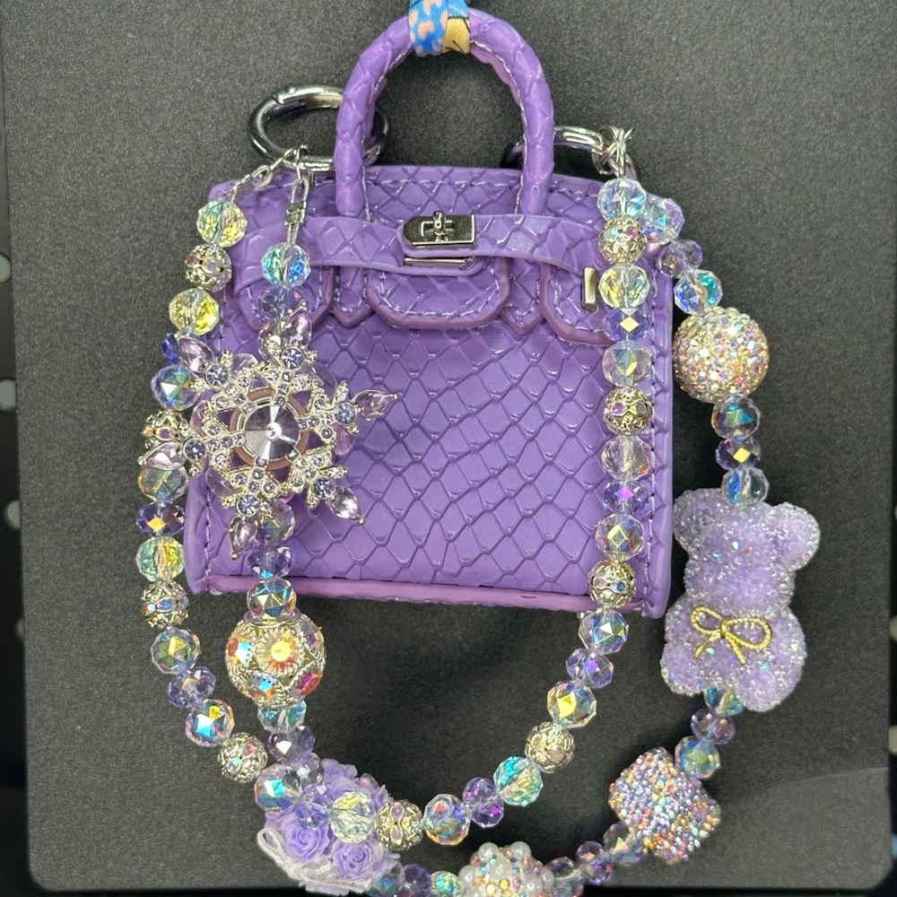 Purple Leather Mini Bag Charm w/ Spinner Crystal Chain | Exact Item Shown